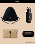Embrace Everyday Essentials Sauna Set in Black, featuring a merino wool sauna hat, matching bottle sleeve, phone pouch, and reusable ice pack.