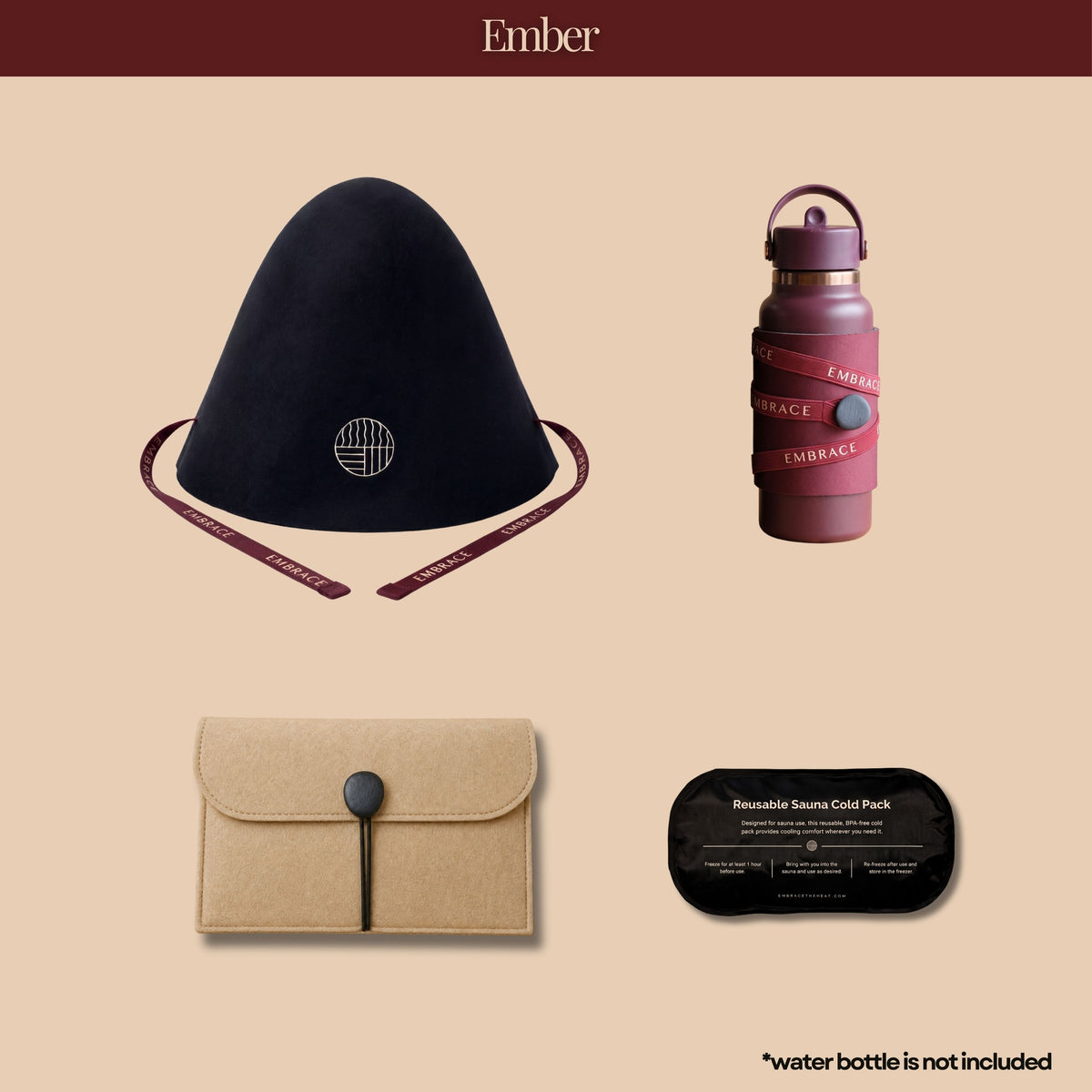 Embrace Everyday Essentials Sauna Set in Ember, featuring a merino wool sauna hat, matching bottle sleeve, phone pouch, and reusable ice pack.