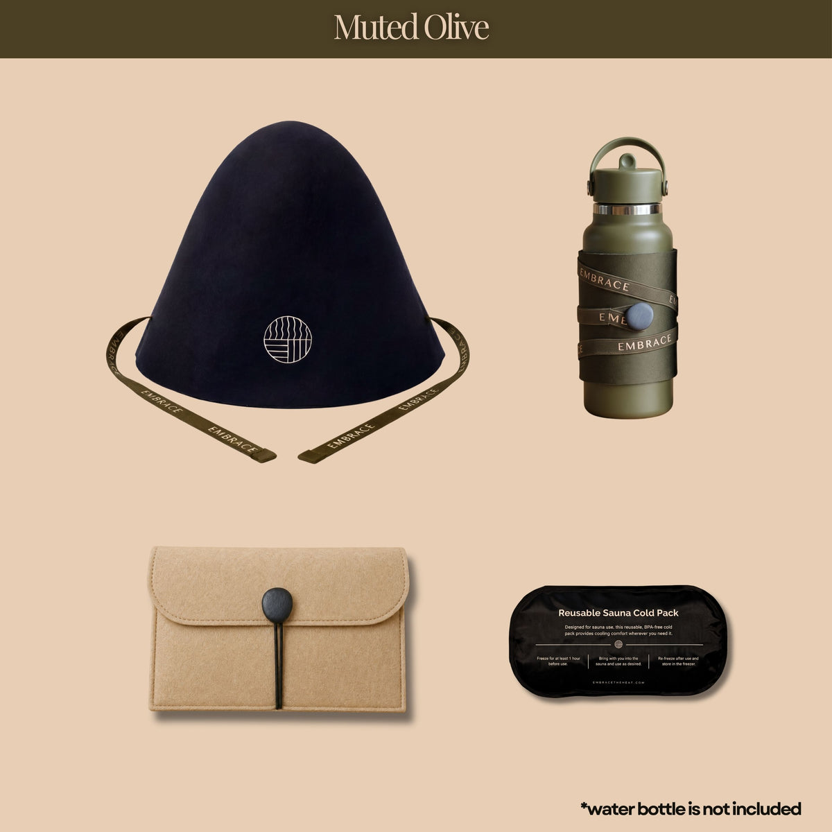 Embrace Everyday Essentials Sauna Set in Muted Olive, featuring a merino wool sauna hat, matching bottle sleeve, phone pouch, and reusable ice pack.