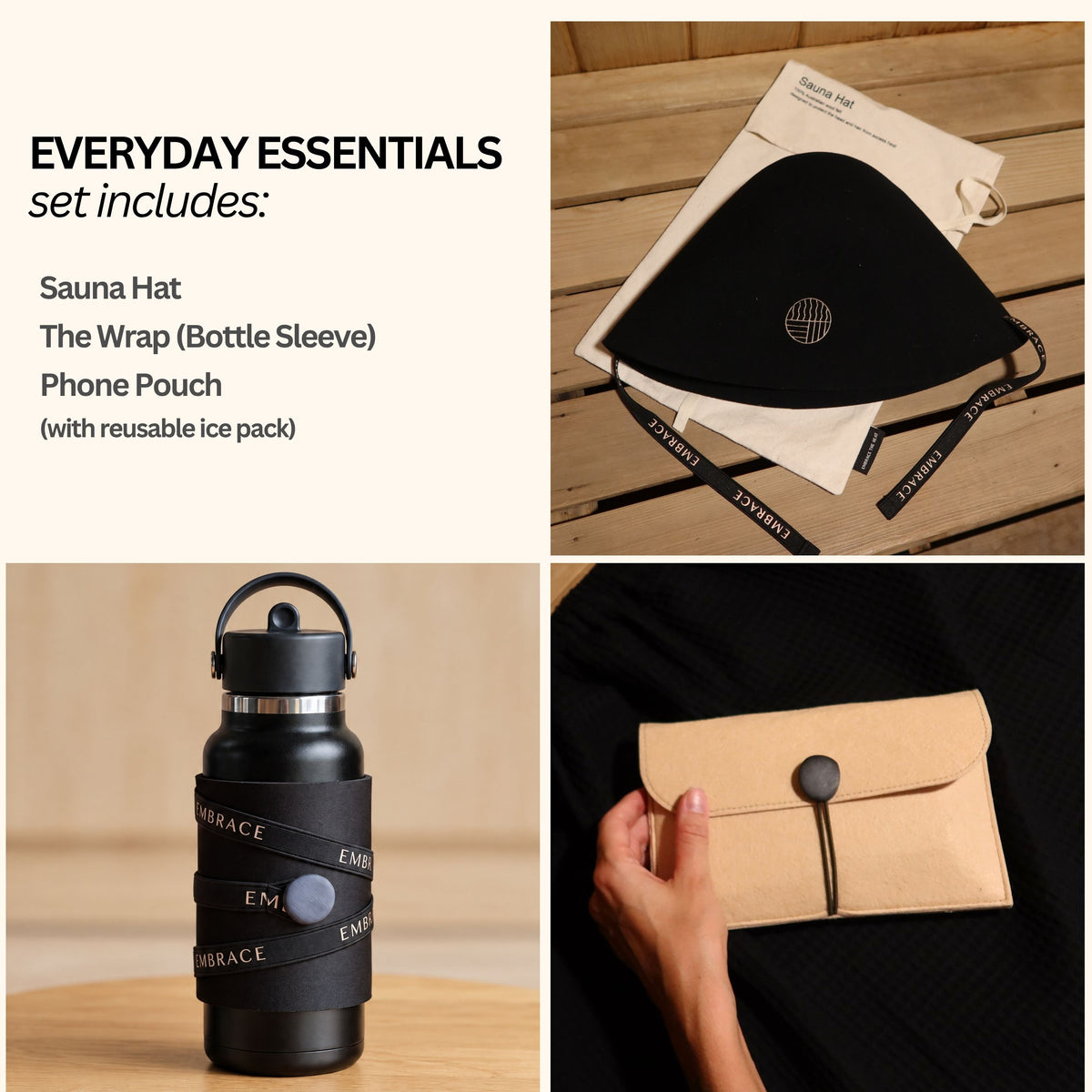 Embrace Everyday Essentials Sauna Set featuring a merino wool sauna hat, protective bottle sleeve, and phone pouch with reusable ice pack.