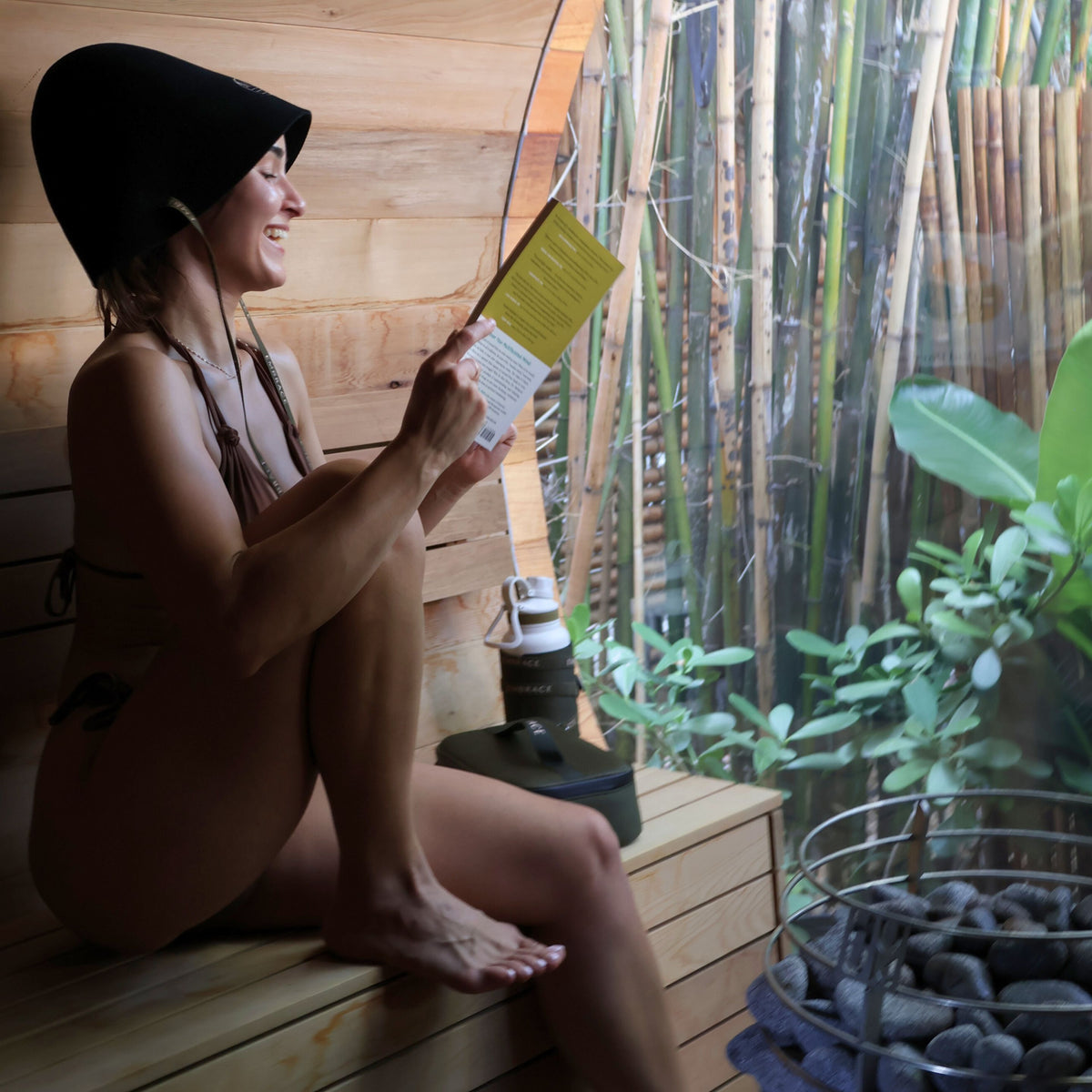 The Sauna Hat - Embrace The Heat - Reading book in the sauna