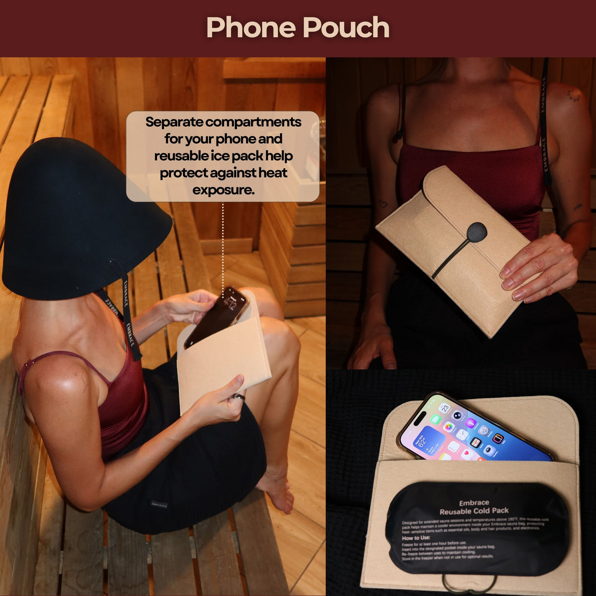Embrace sauna phone pouch featuring separate compartments for a smartphone and reusable ice pack to help reduce heat exposure.